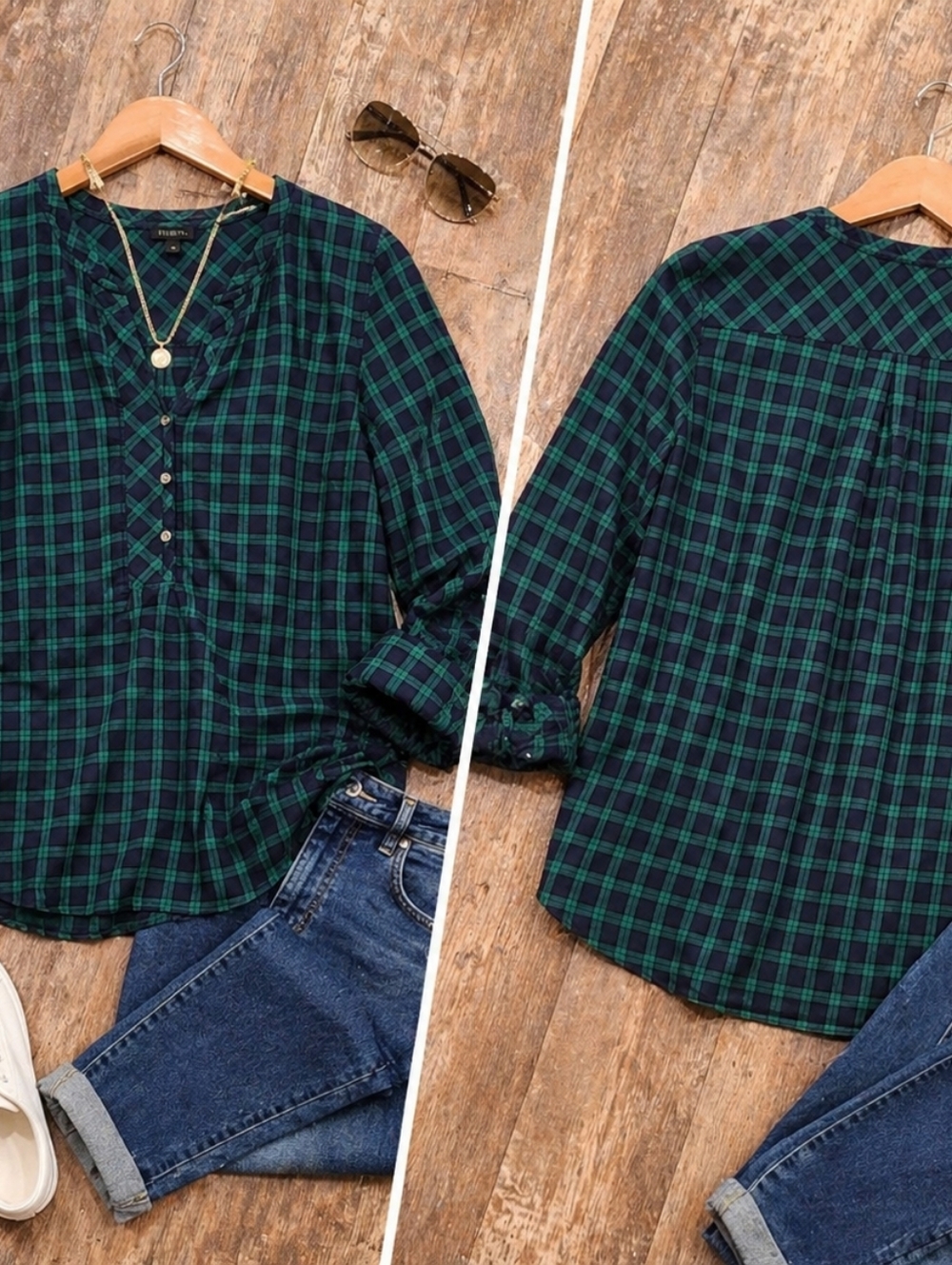 Talbots Women’s Large Green Navy Plaid Popover Blouse Casual Cotton Long Sleeve